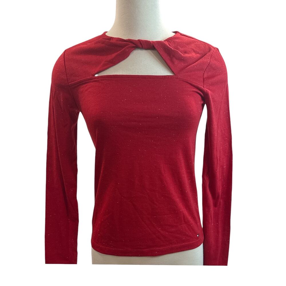 Tommy Hilfiger Red Lurex Twist Neck Top Women’s XS Long Sleeve Cutout NEW